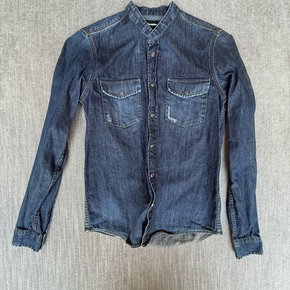 The Kooples Jeans Western Shirt Men XS Blue Denim Fitted Chest Pocket Snap Front